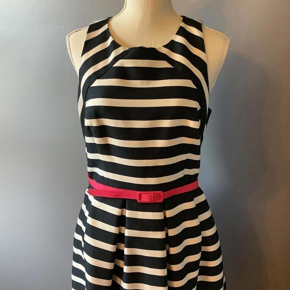 Eliza J. Black and White Striped Dress with Pink Belt - Picture 2 of 7